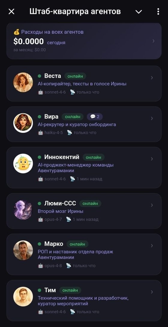Скрин штаб-квартиры агентов: список цифровых сотрудников с именами и должностями